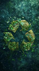 Sticker - Recycling symbol draped in moss and leaves, blending into nature. Green surroundings emphasize ecological tie. Gradient backdrop reinforces eco-theme.