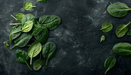 Wall Mural - Fresh spinach leaves on dark textured table, flat lay