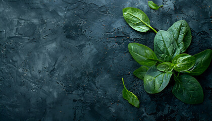 Wall Mural - Fresh spinach leaves on dark textured table, flat lay