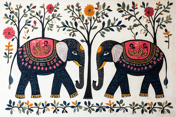 Wall Mural - Traditional Gond art from India of elephants and trees against a textured white background.