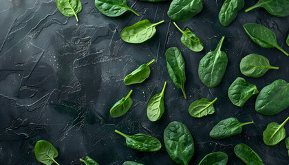 Wall Mural - Fresh spinach leaves on dark textured table, flat lay