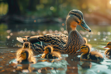 duck and ducklings swimming into the pond