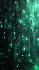 Digital binary code data streaming on a dark, greenish abstract background, reflecting the concept of technology 