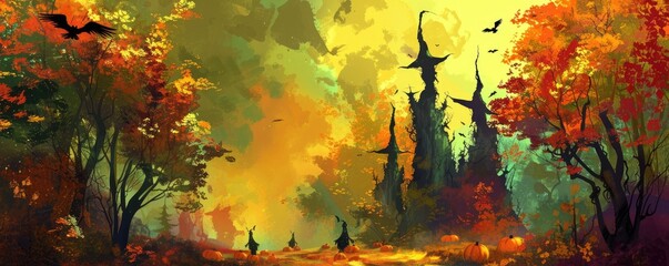 A fantasy landscape painting of several tall and thin witches with black hats standing in an autumn forest, with colorful pumpkins.