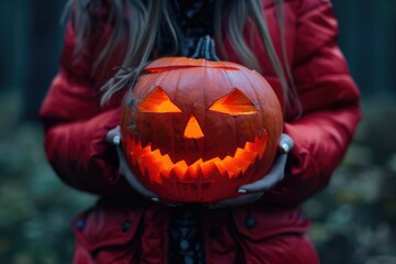 A girl in a red jacket holds a carved Halloween pumpkin with a glowing face against a dark forest background. 