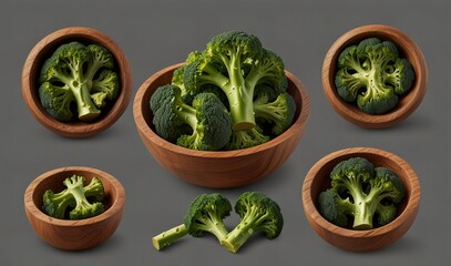 Wall Mural - Broccoli pieces in a wooden bowl bundle, side and top view, isolated on transparent background, vegetable collection