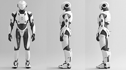 A white and black humanoid robot standing in three poses.