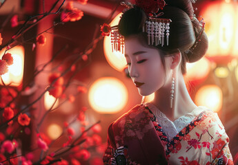 Poster - A beautiful geisha with white porcelain skin is shown wearing traditional Japanese kimono and hair accessories in red and black colors