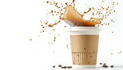 Poster - Aromatic coffee splashing in takeaway paper cup and flying lid on white background