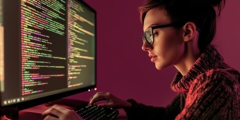 Focused Female Programmer Coding on Computer at Workstation - Modern Tech Industry