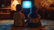 © Zainab - Close up and back view of two children, a boy and a girl, sitting on the carpet of the floor watching television in retro style in a dark old fashioned room