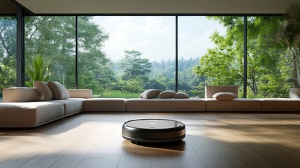 Poster - Modern Living Room with a Robotic Vacuum Cleaner and a View of a Lush Forest Through Large Windows