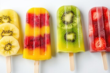 Wall Mural - Ice cream popsicles with berries on white background