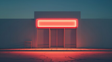 Wall Mural - A minimalist storefront featuring vibrant neon lights and a striking pink glow, creating a modern, urban evening ambiance.