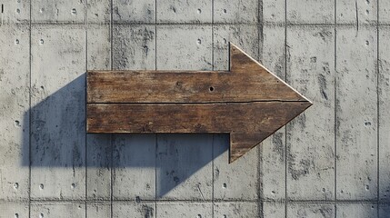 Rustic wooden arrow pointing right on concrete wall.