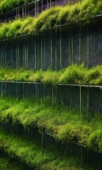 vertical garden with green plants and purple wall, featuring grid-like pattern metal poles and planters.