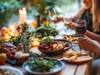 © Riccardo - People enjoying dinner party with delicious food and wine on a decorated table outdoors