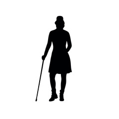 Canvas Print - a young lady are standing with cane vector silhouette isolated white background