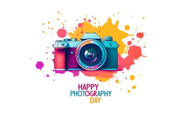 world photography day vector design illustration. camera in flat style with flowers and text. vintag