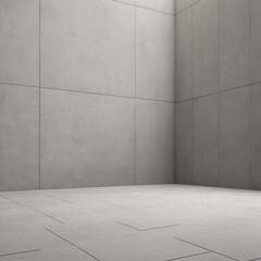 minimalist room with gray concrete walls and white floor, featuring large empty corner and single light