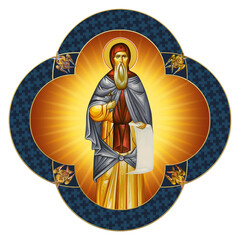 Christian traditional image of Saint Joanikije of Devic. Decorative cross in Byzantine style isolated