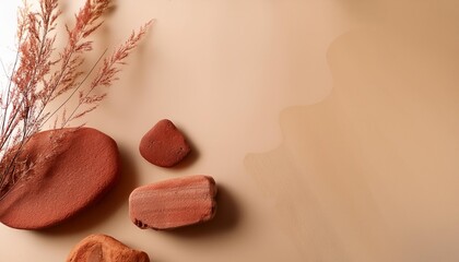 Wall Mural - flatlay minimal natural beige background with empty space template for branding and product presentation still life photo table with red rocks and dry plants