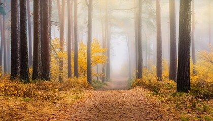 Wall Mural - beautiful foggy autumn mysterious forest with pathway forward footpath among high trees with yellow leaves