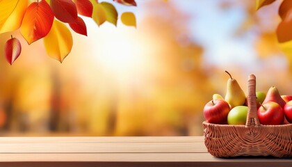 Wall Mural - basket with fresh apples and pears on a wooden table autumn background