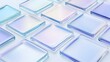 © F - Close-up of Transparent Glass Squares with Rounded Corners on White Background, Blue and Purple Shades, Light Refraction, Depth, Clarity, Modern Design