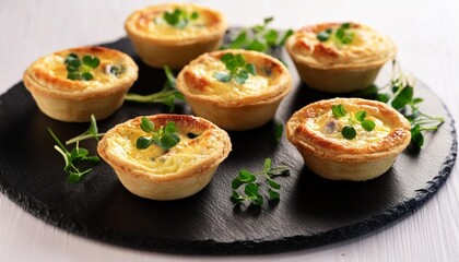 savoury mini quiches with custard and watercress on a black round wooden board