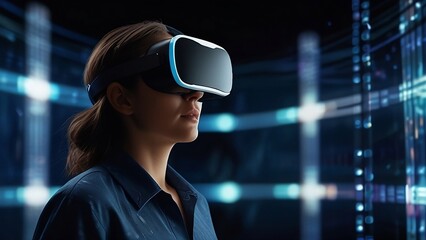 VR technology illustration. Innovative Female Using Virtual Reality Headset in Neon Tech Environment - Futuristic Illustration