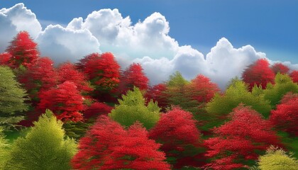 Wall Mural - lush red and green tree tops illustrated background image with clouds depicting above the canopy