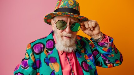 youthful and stylish senior old man with extravagant clothes and sunglasses. carefree positive pensi