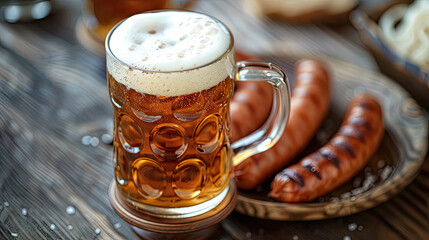 A transparent mug with cold foamy light beer and traditional Bavarian smoked sausages. Traditional snack in Germany during Oktoberfest celebration in autumn