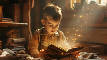 A cute young boy kids opens and reads a fairy tale story fantasy book and immerses with his childhood imagination in creative magic world sitting in his room