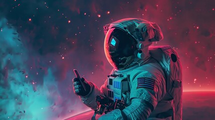 Wall Mural - Astronaut using mobile phone in space