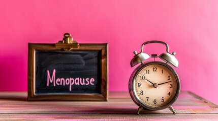 Closeup of an alarm clock with the pause symbol in the center of the clock face and a blackboard with text 