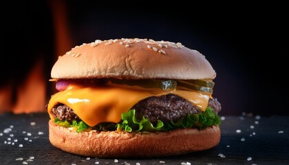 tasty cheese burger on dark background created with generative ai