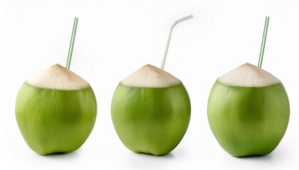 Wall Mural - fresh green coconut with white straw drinking isolated on white background