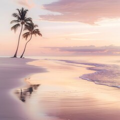 Wall Mural - tropical beach at sunset with warm soft colors in the sky and contrasting silhouettes of palm trees and a beautiful reflective sea