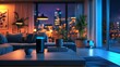 © Pikul - Cozy living room with smart speaker and vibrant city view at night, showcasing modern interior design and ambient lighting.