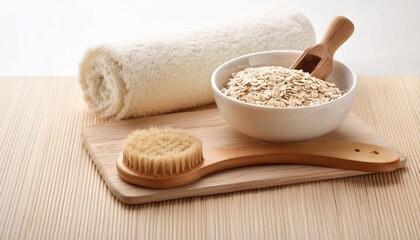 Wall Mural - diy spa recipe oatmeal bowl and wooden brush for beauty treatment