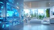 © Pikul - Futuristic smart home with advanced technology interface, featuring a modern living space and large windows filled with natural light.