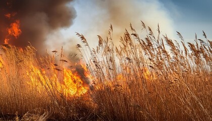 Wall Mural - tall dry oat grass in summer creates a fire hazard