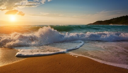 Wall Mural - waves crashing onto a sandy beach at sunset