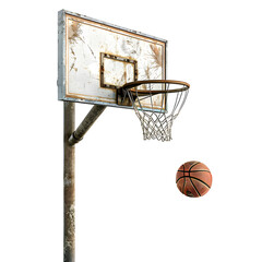 Poster - Weathered outdoor basketball hoop with a ball suspended in motion, isolated on a transparent background