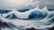 © xiden - An ocean scene painted onto the surface of a white canvas, with waves breaking free and spilling onto the surrounding area