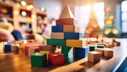 colorful wooden bricks scattered on a table with a newly built pyramid structure amidst a warm and inviting childhood atmosphere