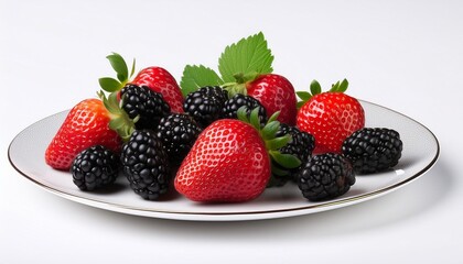 blackberries and strawberries on a plate on a white background