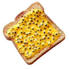 Wall Mural - Top view of a square bread slice smeared with passion fruit curd isolated on a white transparent background